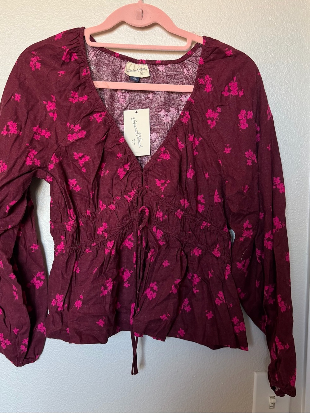 Universal Thread Burgundy Blouse with Pink Floral Print
